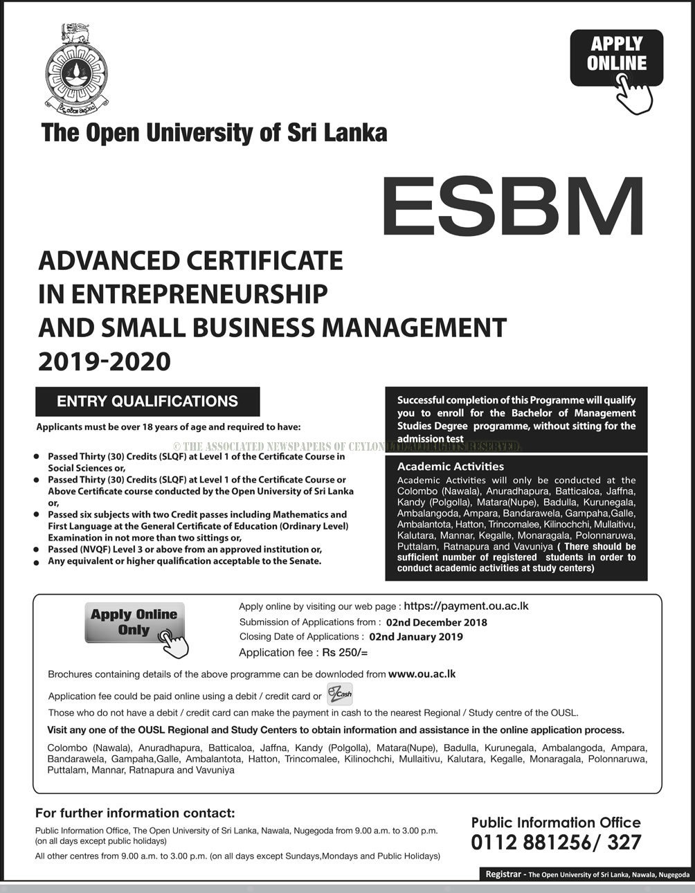 Advanced Certificate in Entrepreneurship & Small Business Management 2019/2020 - The Open University of Sri Lanka